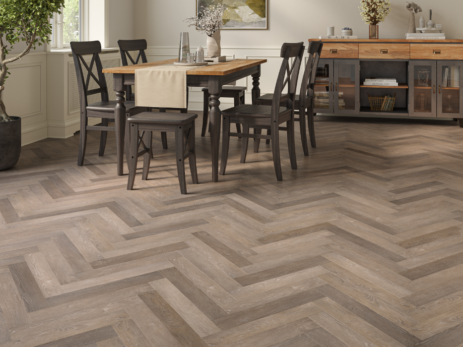 Golden Oak LVT herringbone flooring room scene