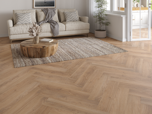 Brown Oak LVT herringbone flooring room scene