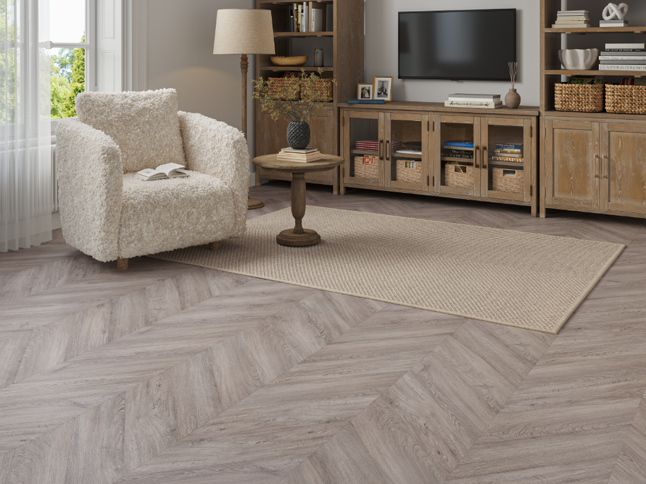 Nordic Grey Oak LVT chevron flooring room scene
