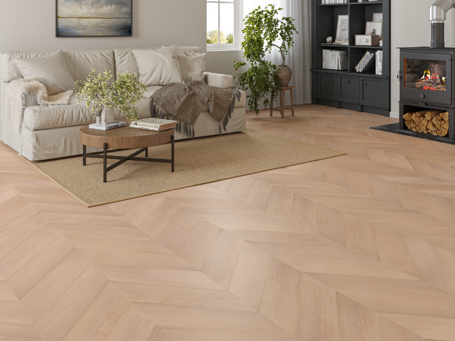 Pale Hazel Oak LVT chevron flooring room scene