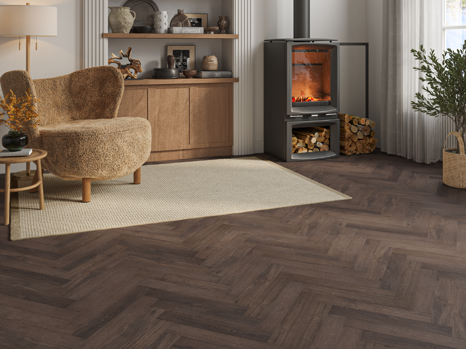 Dark Walnut Oak LVT herringbone flooring room scene