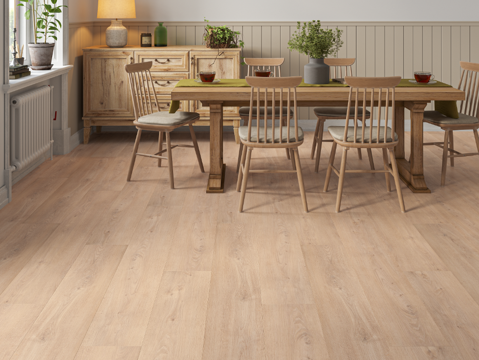 Soft Brown Oak LVT straight plank flooring room scene