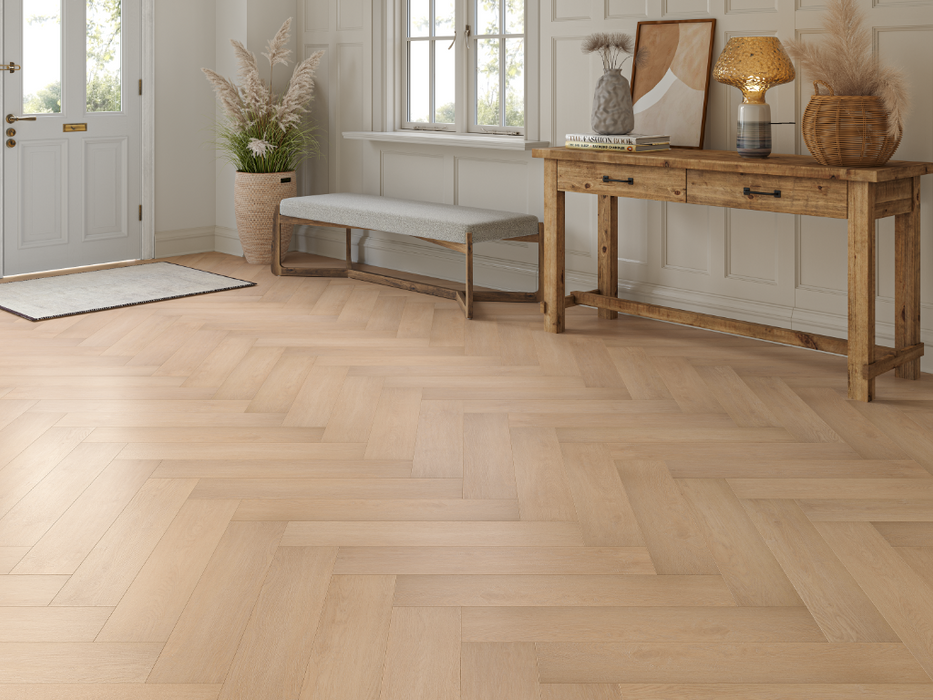 Blonde Oak LVT herringbone flooring room scene