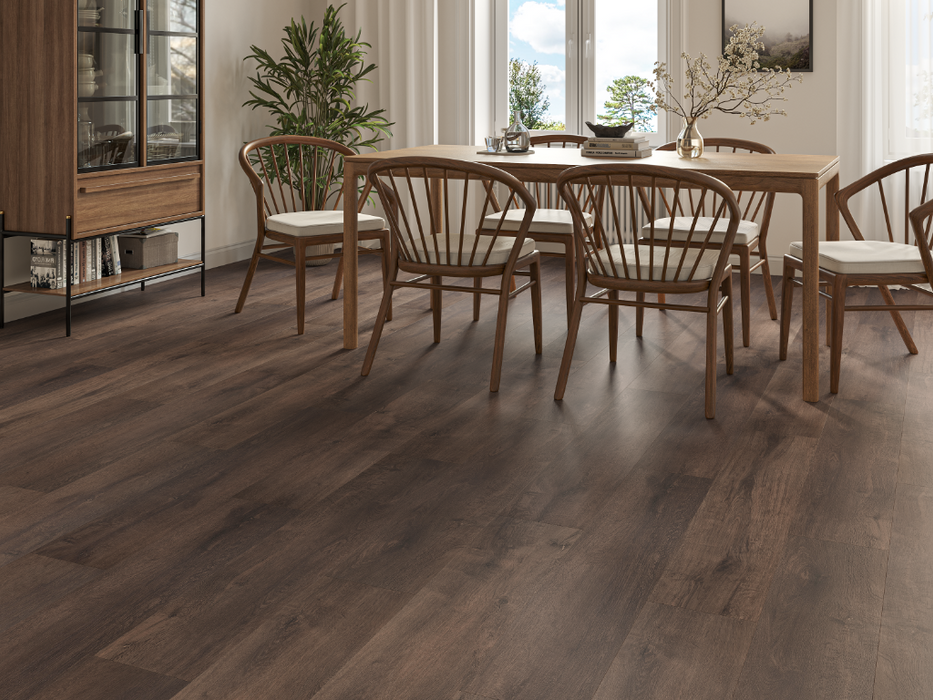 Dark Walnut Oak LVT straight plank flooring room scene