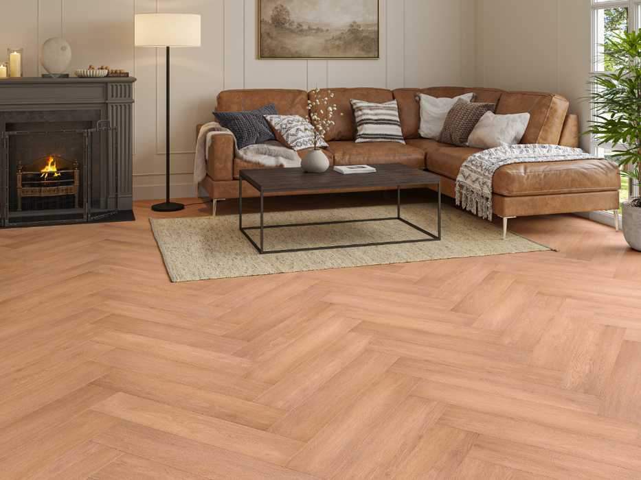 Natural Brown Oak LVT herringbone flooring room scene