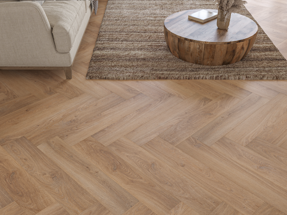 Brown Oak LVT herringbone flooring room scene