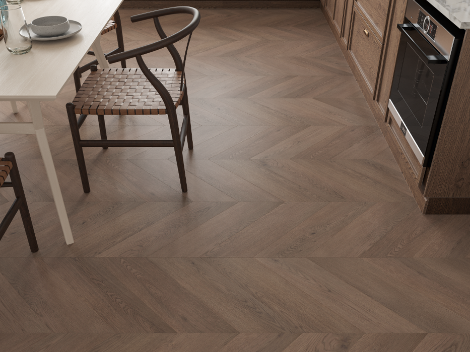 Aged Bourbon Oak LVT chevron flooring room scene