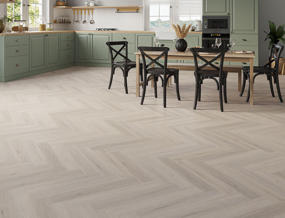 SPC Click Vinyl Herringbone Flooring – Light Grey Oak – 128mm x 615mm – 5/0.5mm
