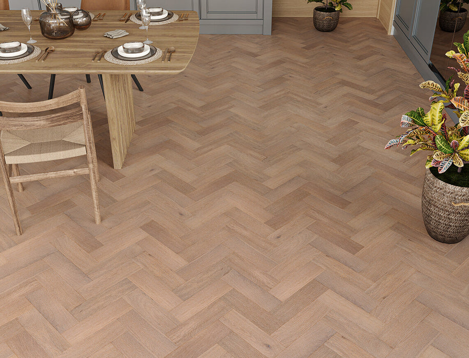 Smoked White Oak engineered oak herringbone flooring 90mm