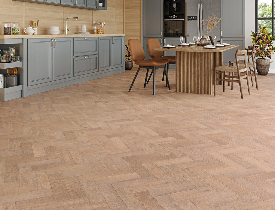 Smoked White Oak engineered oak herringbone flooring 90mm