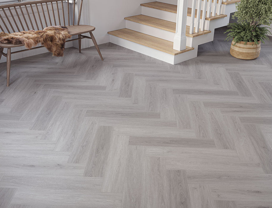 SPC Click Vinyl Herringbone Flooring – Grey Oak – 128mm x 615mm – 6.5/0.5mm
