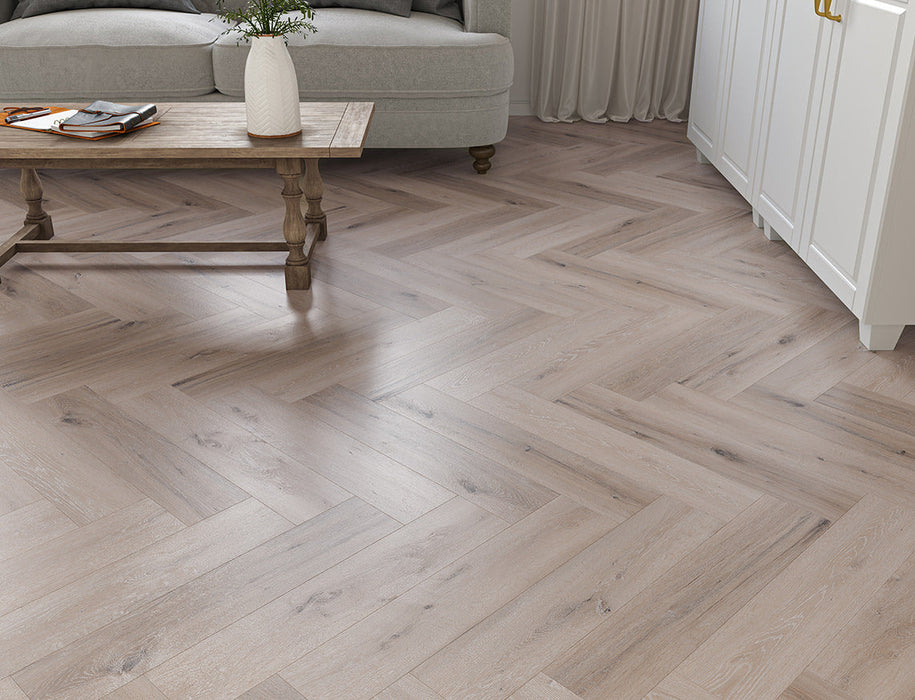 SPC Click Vinyl Herringbone Flooring – Whitewashed Grey Oak – 128mm x 615mm – 5/0.5mm