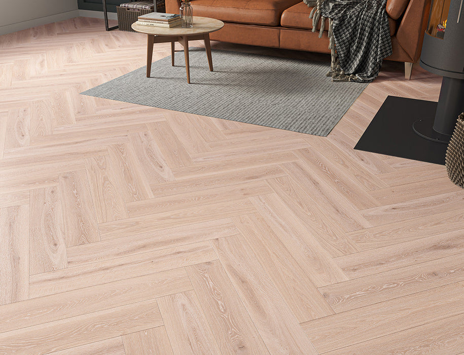 SPC Click Vinyl Herringbone Flooring – Whitewashed Brushed Oak – 127mm x 635mm – 8/0.17mm