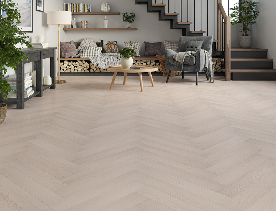 Laminate Herringbone Flooring – Light Grey – Oakleigh Malham – 100mm x 600mm – 8mm