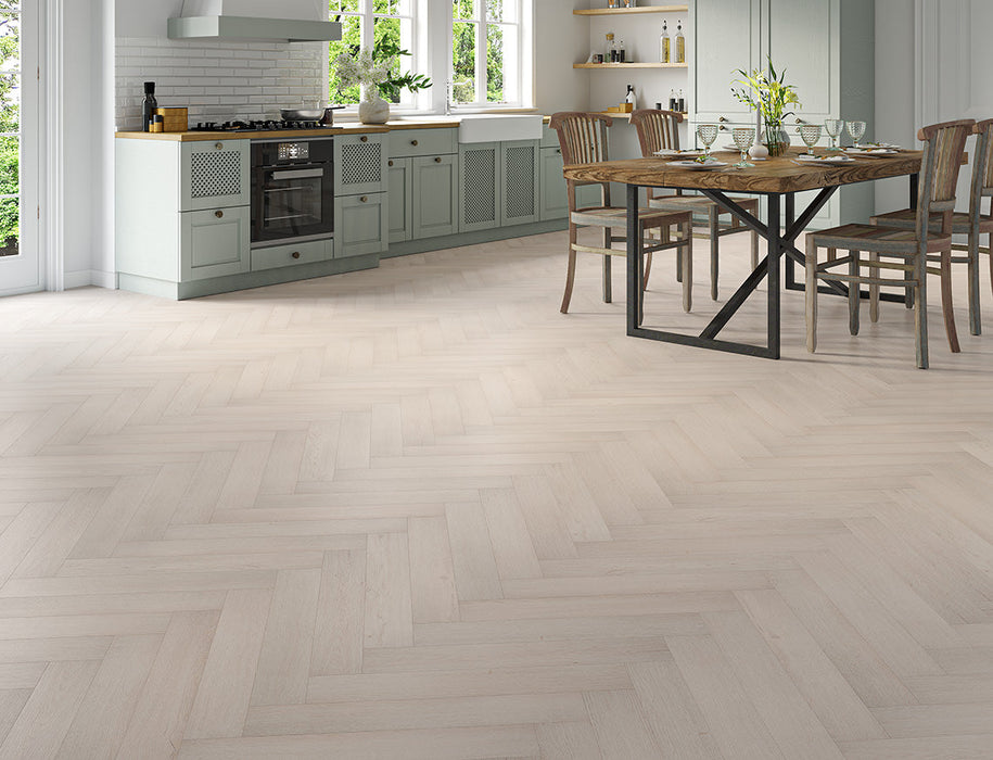 Laminate Herringbone Flooring – Light Grey – Oakleigh Deluxe Malham – 100mm x 600mm – 12mm