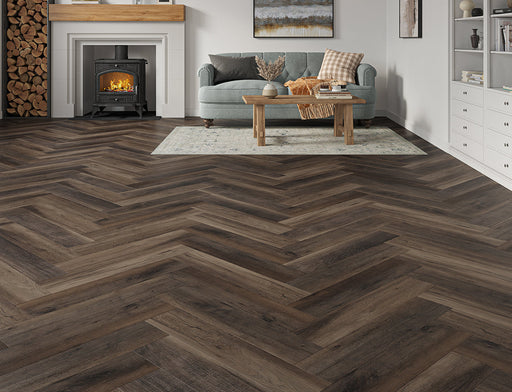 SPC Click Vinyl Herringbone Flooring – Brown Black Oak – 128mm x 615mm – 6.5/0.5mm