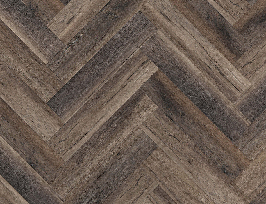 SPC Click Vinyl Herringbone Flooring – Brown Black Oak – 128mm x 615mm – 6.5/0.5mm