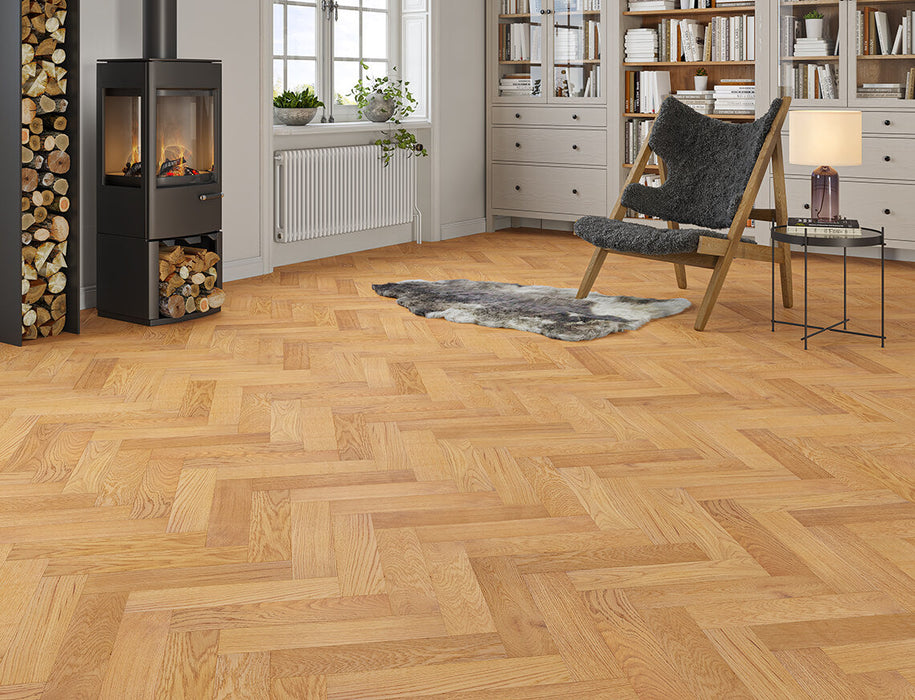 Golden Oak engineered oak herringbone flooring 90mm
