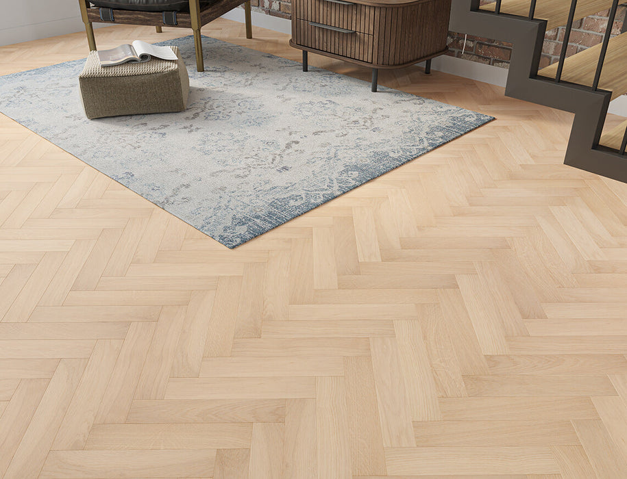White Smoked Oak engineered oak herringbone flooring 70mm