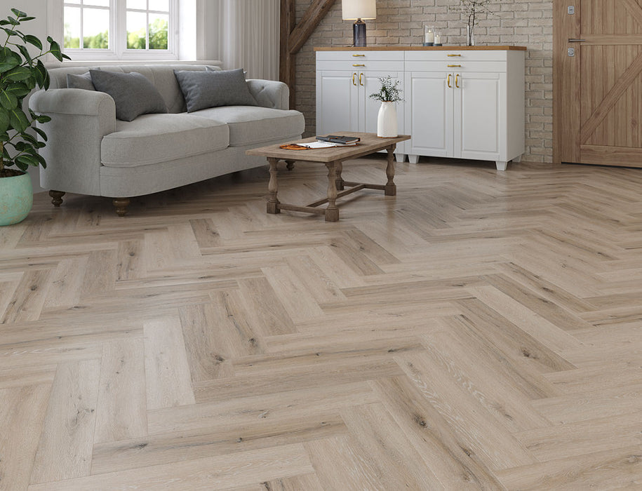 SPC Click Vinyl Herringbone Flooring – Whitewashed Grey Oak – 128mm x 615mm – 5/0.5mm