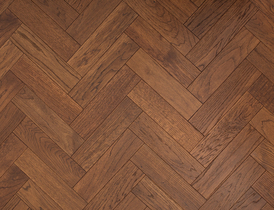 Engineered Oak Herringbone Flooring – Dark Golden Oak – Brushed & Lacquered – 80mm x 300mm – 10/3mm