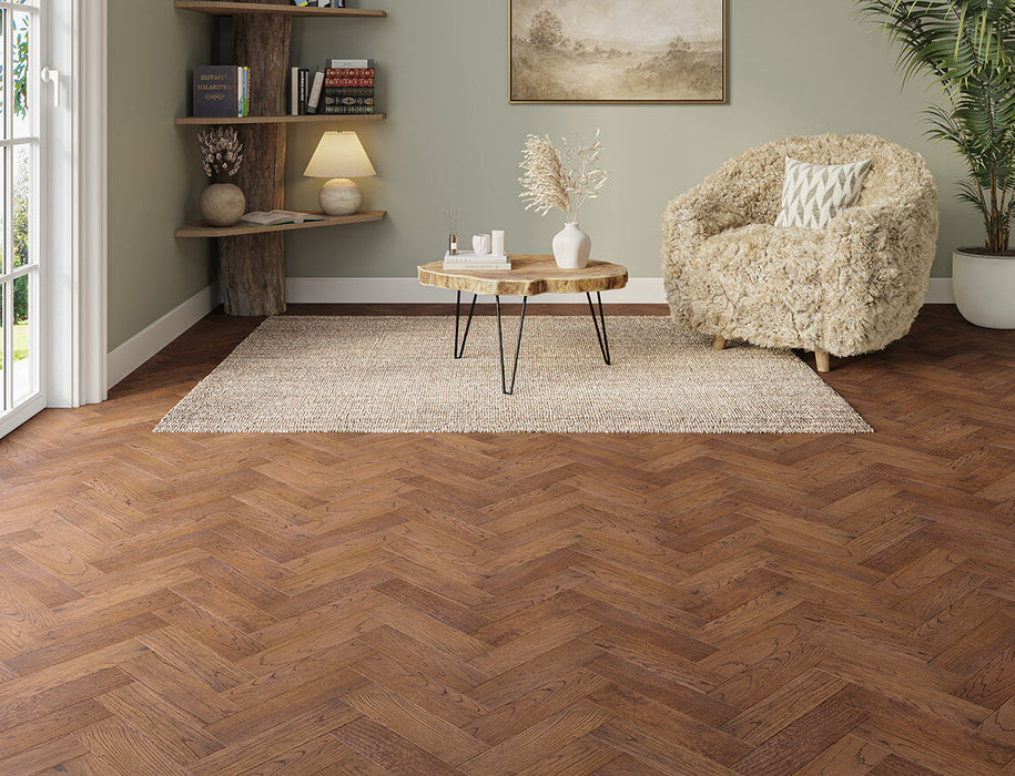 Dark Golden Oak engineered oak herringbone flooring 80mm
