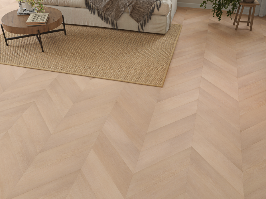 Pale Hazel Oak LVT chevron flooring room scene