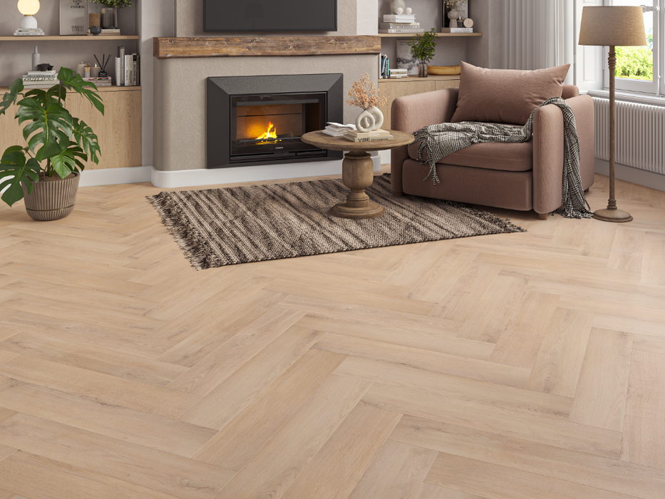 Soft Brown Oak LVT herringbone flooring room scene