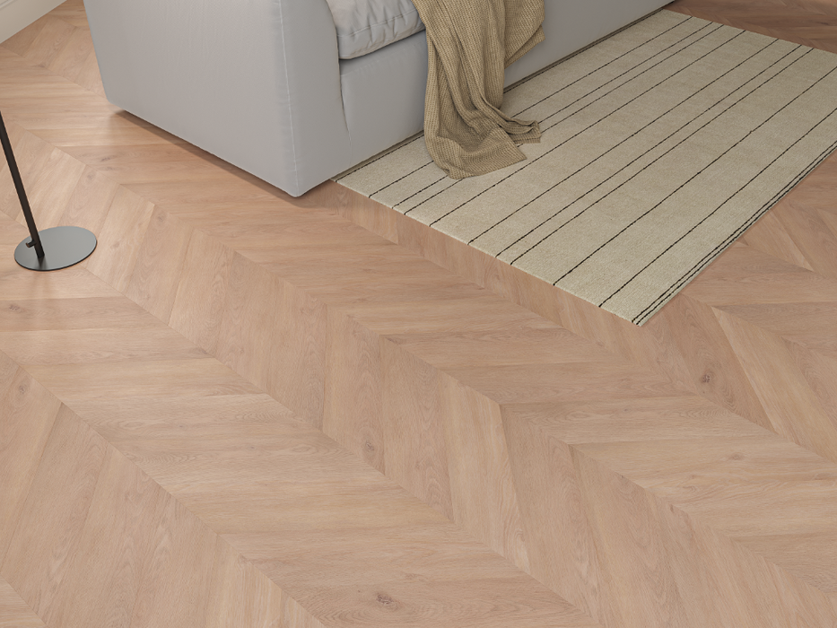 Clay Taupe Oak LVT chevron flooring room scene