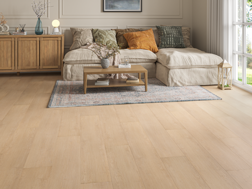 Blonde Oak LVT straight plank flooring room scene