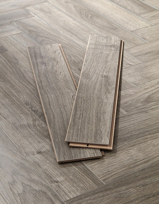 Vintage Chateau Herringbone Light Grey Laminate Flooring £37.99/m² xccscss.